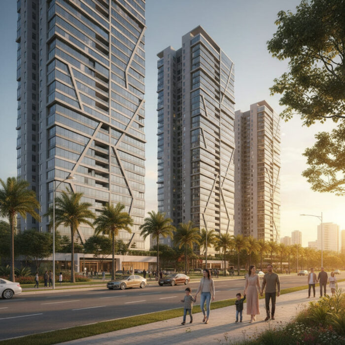 Condomínios e prédios residenciais modernos na Gleba Palhano, Londrina, em uma tarde ensolarada