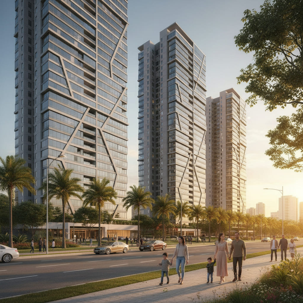 Condomínios e prédios residenciais modernos na Gleba Palhano, Londrina, em uma tarde ensolarada