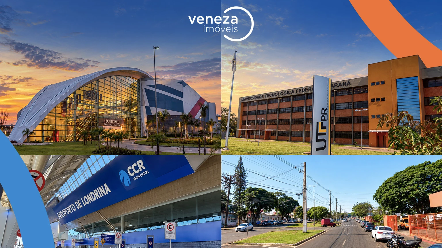 Colagem com Boulevard Londrina Shopping, UTFPR, Aeroporto de Londrina e avenida da Zona Leste de Londrina – Veneza Imóveis