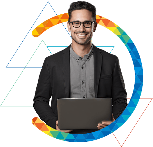 Imagem de um homem segurando um notebook e sorrindo, com a logotipo da Imobiliária Veneza ao fundo